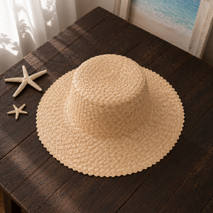 Sombrero de Paja Beige, Diseño Étnico Pintado a Mano, Ala Ancha, Color Sólido, Unisex, para Adultos, Verano, Playa, Casual, Viajes, Protección Solar - Product Image 2