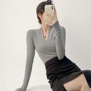 <span class=keywords><strong>Maglietta</strong></span> a maniche lunghe <span class=keywords><strong>nera</strong></span> da donna, slim fit, scollo a V, tinta unita, traspirante, stile casual chic, autunno/inverno - Product Image 4
