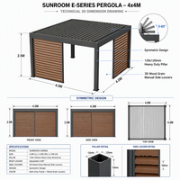 Pergola bioclimatique motorisée moderne de luxe en aluminium avec volets latéraux en grain de bois, résistante aux intempéries, écologique, pour jardin