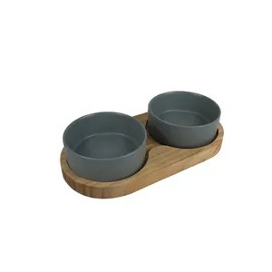 Manufacturer wholesale detachable feeder dog two grey color bowls with wooden part bottom