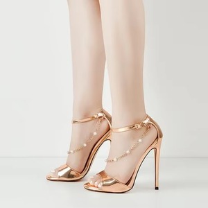 Rose Gold Sandals with Gold Chain and Beads Design and <b>Adjustable</b> Ankle <b>Straps</b> - Product Image 3