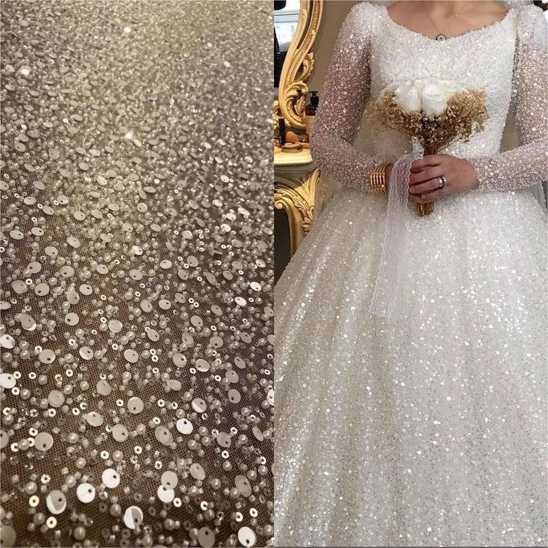 2022 Design di lusso da sposa in oro cristallo paillettes tessuto in rilievo abito da sposa tessuto di pizzo