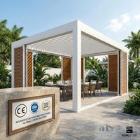 Pergola motorisée moderne en aluminium avec persiennes coulissantes à grain de bois, revêtement poudré, imperméable, pour jardin extérieur, gazebo, pavillon