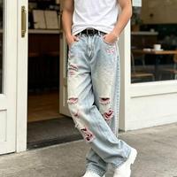 Jean en denim à taille mi-haute, coupe droite polyvalente, respirant, uni, pour usage quotidien, personnalisable
