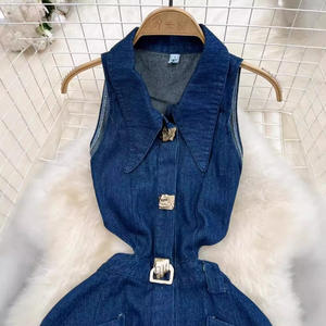 Ultima progettazione corea con spacco Modulare elegante senza maniche camicia alla moda Maxi lunga e moderna spiaggia da <span class=keywords><strong>donna</strong></span> Sexy Denim <span class=keywords><strong>Jeans</strong></span> abiti da <span class=keywords><strong>donna</strong></span> - Product Image 2