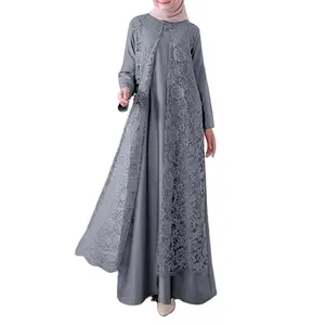 2022 new design Muslim women Lace Crochet Party Gown Crew Neck Long Maxi Dress Kaftan