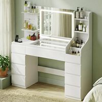 Coiffeuse avec grand miroir LED, luminosité réglable, 8 tiroirs, prise électrique, moderne, blanche, pour chambre à coucher