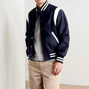 Chaqueta Varsity para Hombre, Azul Marino y Blanca, Transpirable, Resistente al Viento, con Botones al Frente, Cuello en V, Estilo Casual Urbano, para Invierno, Mezcla de Algodón - Product Image 1