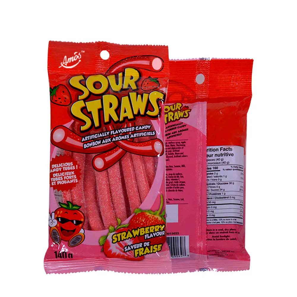 Amos sabuk Gummy lezat rasa stroberi permen asam Bonbon lembut Gummy Candy Strip