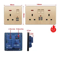 Prise de courant universelle dorée 3/5 broches en plastique, prise murale britannique, 6 prises, 10A/13A, double ports USB, 220V, interrupteur bidirectionnel, TV, ordinateur, CAT6