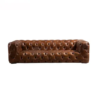 Bộ Sofa Chesterfield Tufted Nút Da Thật Màu Nâu Hàng Không Cổ Điển Đồ Nội Thất Phòng Khách