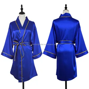 RTS Factory Supplier Women Robes Silk Kimono Drop Shoulder With Contrast Piping Robe Wedding Party SPA Gift Sleepwear