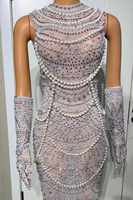Robe de cocktail élégante pour femme Ocstrade, avec décoration en strass, chaîne de perles de luxe, style français, avec gants.