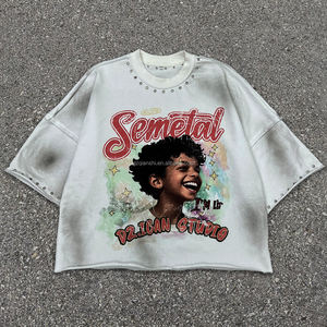 新品ディストレスヘビーウェイトフレンチテリー特大プリントグラフィックTシャツカスタムクロップドラインストーン酸ウォッシュボクシーtシャツ男性 - Product Image 1