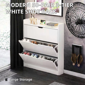 Meuble à chaussures moderne pour 50 paires, armoire murale 3 niveaux en bois blanc laqué brillant – Organisateur de placard, mobilier de maison - Product Image 2