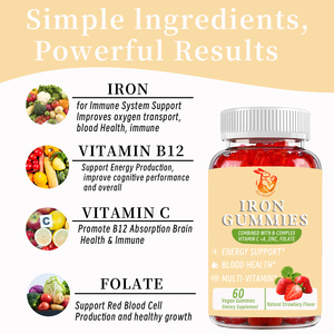 Gummies végétaliennes au fer avec complexe B, vitamines C et A : favorisent la santé des articulations, améliorent la circulation sanguine, renforcent le système immunitaire, et stimulent la vitalité. - Product Image 5