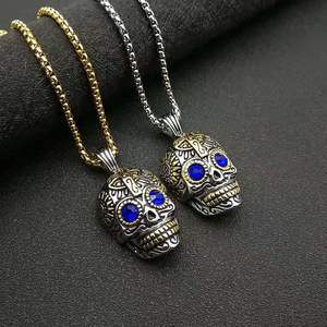 Commercio all'ingrosso in acciaio inox <span class=keywords><strong>ciondolo</strong></span> <span class=keywords><strong>teschio</strong></span> 18K placcato oro collana da uomo <span class=keywords><strong>con</strong></span> zircone blu pietra malocchio stile Punk - Product Image 4