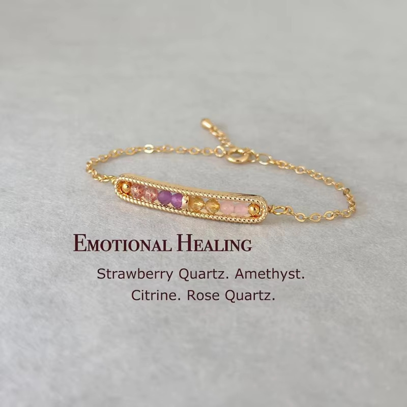 Quartz fraise, améthyste, citrine, quartz rose.