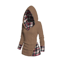 Sweat à capuche tricoté pour femme, design ethnique personnalisé, avec doublure à carreaux, motif torsadé, poignets et ourlet contrastants à carreaux