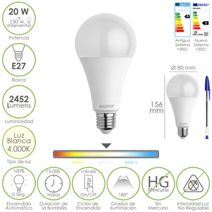 Lampadina LED standard, attacco a vite E27. 20 Watt. Equivalente a 150 Watt. 2452 Lumen. Bianco Neutro (4000K). - Product Image 1