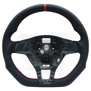 Volante VW <span class=keywords><strong>Polo</strong></span> con Franja Central Roja, Cuero Perforado, Forma de D, Base Plana, Deportivo, Costuras Mejoradas, Repuesto - Product Image 1