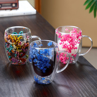 Gobelet à boire transparent en verre personnalisé avec paille, ensemble de gobelets à café, gobelet en verre à double paroi avec fleur séchée