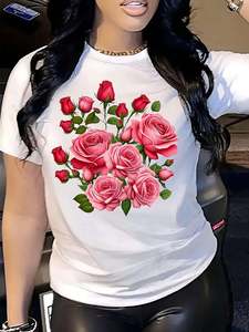 T-shirt Floreale da Donna Gcktdi, Stampa Rose Rosa Tenue, Vestibilità Ampia, Girocollo, Manica Corta, Abbigliamento Casual per Tutte le Stagioni, in Jersey Traspirante - Product Image 3
