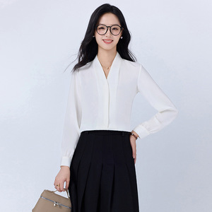 V-neck Shirt For Women Black Long Sleeve Office Wear Polyester Blouse Solid Color Formal Top - Product Image 2