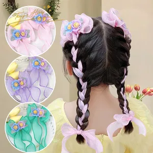 Tracy & Herry Children's Flower Long Streamer Bow Hairpin Kids Ponytail Braided Hair Headwear Braided Hair Clip For Girl Baby