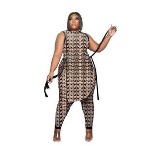 <span class=keywords><strong>Ropa</strong></span> informal de talla grande para mujer, trajes de dos piezas sin mangas de cuello redondo, Tops cortos de vendaje, conjuntos de pantalones, Commute urbano - Product Image 2