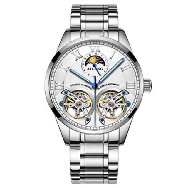 2026 Newest AILANG Classic Business Double Tourbillon Design Men Mechanical Stainless Steel Watch Moon Phase OEM Automatic
