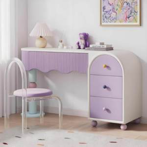 Cream Pink Modern Vanity Table, Cute Wavy Makeup <strong>Desk</strong> For Kids &amp; Teens <strong>Bedroom</strong> Furniture - Product Image 1