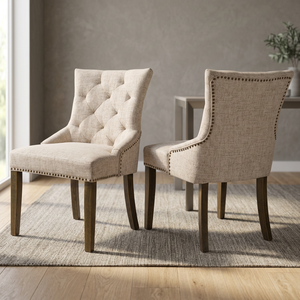Chaise de salle à manger capitonnée en lin avec pieds en bois, design transitionnel, mobilier moderne pour la maison - Product Image 4