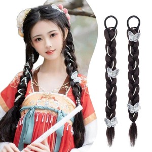 Peluca de cola de caballo estilo Hanfu con decoración de mariposa, pelo sintético negro, banda elástica alta para un look de princesa - Product Image 2