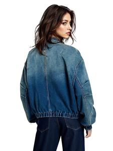 Women's <b>Denim</b> Bomber <b>Jacket</b> Loose Fit Stonewashed Cotton Casual Autumn Style with Zippers and Contrast Color Design - Product Image 3
