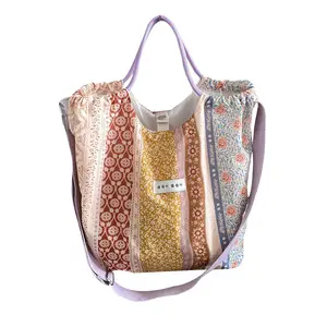 日本INS风格花卉图案大容量学生购物袋环保尼龙拉绳手提包单肩包