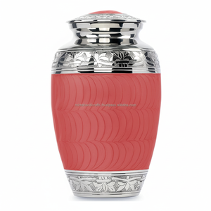 La grande urne élégante en émail rouge et argent et nickel pour adultes est un hommage parfait pour honorer votre être cher avec une bande de fleurs - Product Image 1