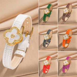 新款上市18k镀金不锈钢设计师珠宝四叶三叶草皮革手链 - Product Image 2