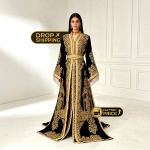 Vestido Kaftan de Terciopelo con Estampado Paisley, Corte en A, Largo hasta el Suelo, para Mujer, Estilo Modesto, Cuello en V, Manga Larga - Product Image 1