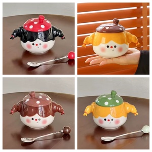 Taza de Cerámica con Diseño de Niña de Dibujos Animados, Bonito Diseño de Trenza, con Tapa y Cuchara, Apilable para el Desayuno en Pareja, Disponible al por Mayor - Product Image 6