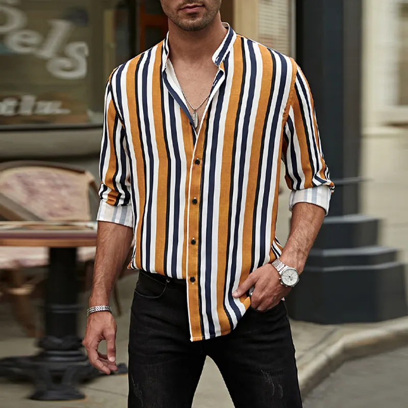 Wholesale Casual Long Sleeve Blouse Striped Print Buttoned Front Shirts For Men