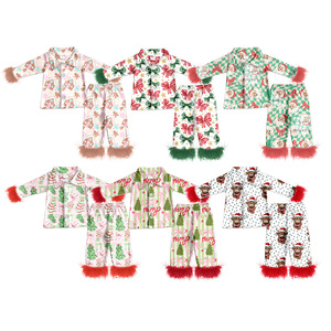 Précommande Bébé Filles Noël Vacances Vaches Bonbons Manches Longues À Volants Top Pantalon Fourrure Pyjamas Boutique Filles Lounge Wear Vêtements - Product Image 1