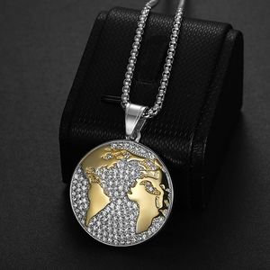 Stainless Steel Gold Plated Rhinestone World <b>Map</b> Pendant Necklace Unisex Hip Hop Jewelry Gift - Product Image 4