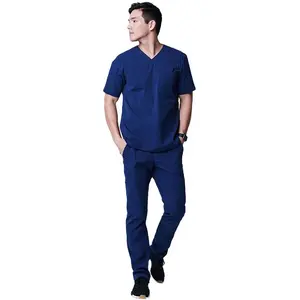 Medicos Wholesale Summer Men&#39;s Hospital Work Shirt Woven Surgical Uniform Twill Spandex V Neck Medical Scrubs for Men