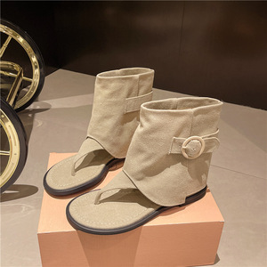 Femmes toile flip-top bottines 2025 été nouveau Style évidé Denim plat bout ouvert bottes au genou - Product Image 3
