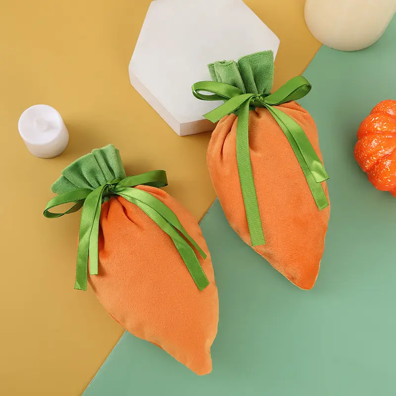 2023 Latest Drawstring Easter Candy Bag Velvet Carrot Shape Candy Bags for Kid Gifts