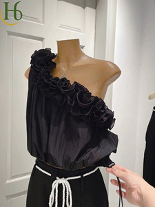 Ensemble pantalon et haut asymétrique noir à volants, sans manches, style décontracté chic, en mousseline (mélange de polyester), coupe ample, 2 pièces, respirant - Product Image 6