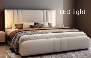 Cama Moderna de Lujo con Luces LED para Hotel o Villa, con Almacenamiento Suave, Tapizada en Tela Giratoria, con Estructura de Madera - Product Image 2