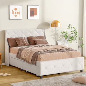 Queen Size <b>Soft</b> Bed Frame Storage Headboard Wood Platform Bed No Noise Mattress Foundation Strong Wood Slats Support No <b>Box</b> - Product Image 3