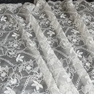 Wholesale 130cm Tencel Cotton 3d Floral Embroider Fabric Eyelet Embroidery Lace Fabrics Material For Bridal Wedding Dresses